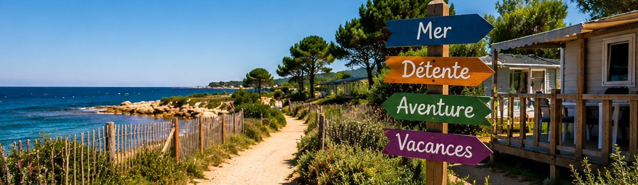 Camping en bord de mer avec mobil-home et panneaux directionnels vers la plage et les vacances d'été.