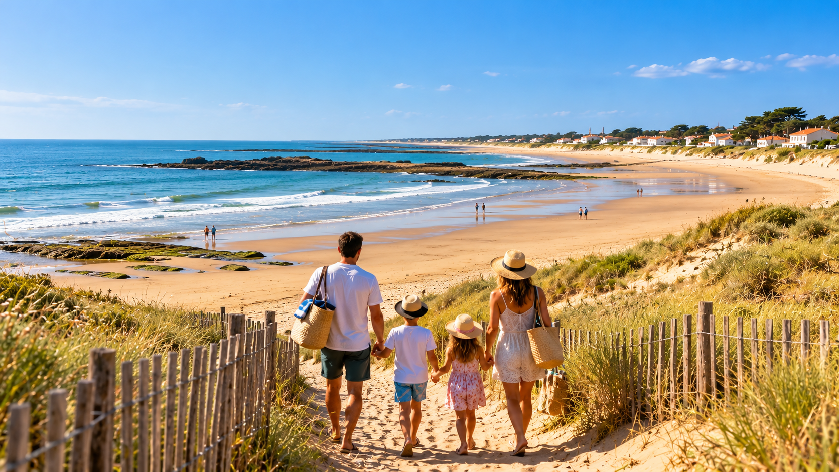Plage de sable fin et dunes du littoral vendéen, avec une famille en promenade pendant les vacances d’été.