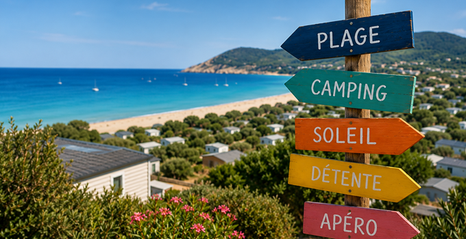 Panneaux direction plage et camping pour vacances d’été