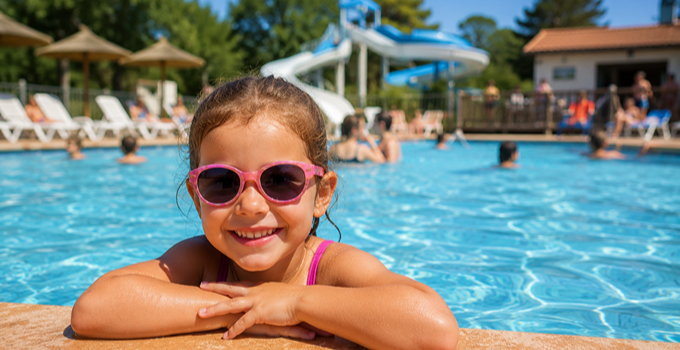 Enfant dans la piscine d’un camping en été