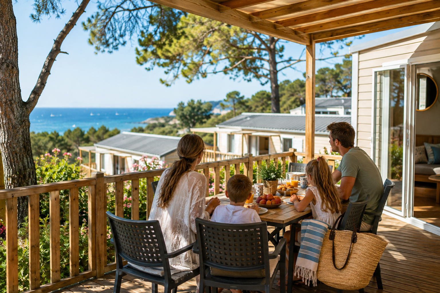 Famille prenant son petit-déjeuner sur la terrasse d’un mobil-home avec vue sur la mer