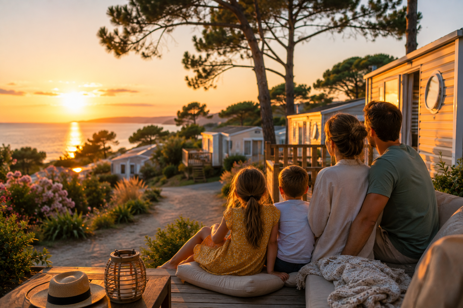 Famille profitant du coucher de soleil depuis la terrasse de son mobil-home en bord de mer