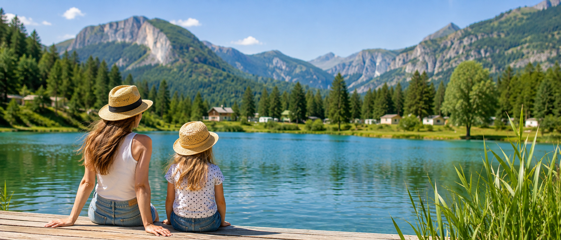 Une mère et son enfant admirent un lac de montagne entouré de forêts et de sommets, illustrant une destination calme en France pour des vacances en août.