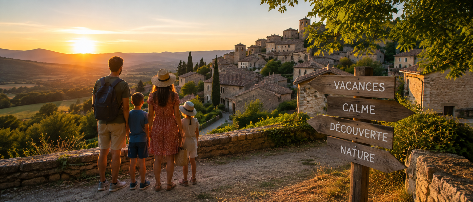 Famille admirant un village de caractère en France au coucher du soleil, symbole de vacances paisibles dans une destination peu fréquentée en août.
