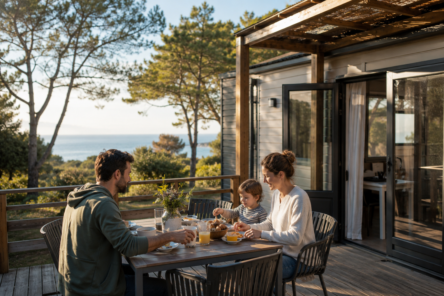 Famille prenant son petit-déjeuner sur la terrasse d’un mobil-home pendant l’été indien