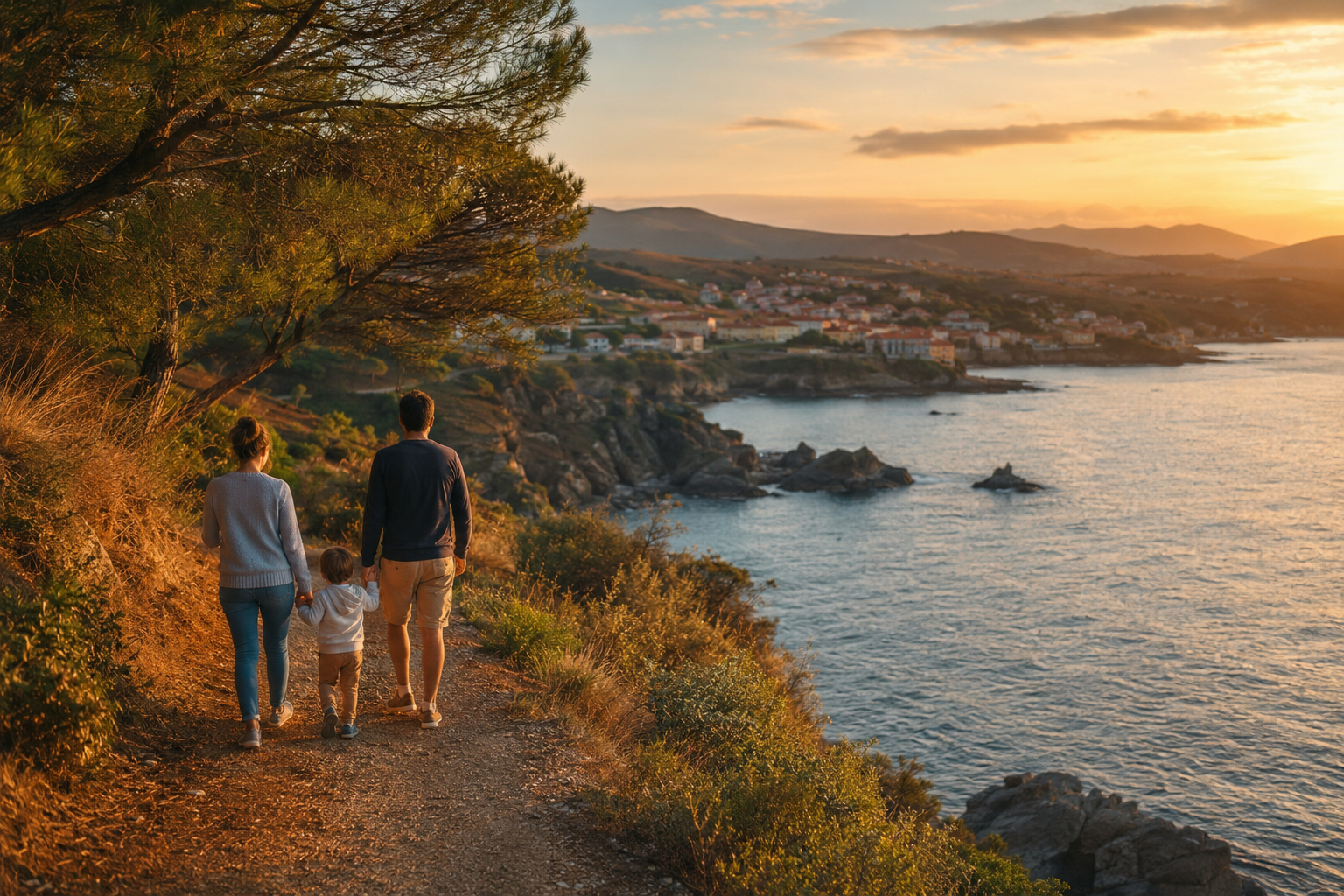 Famille se promenant sur le littoral méditerranéen au coucher du soleil