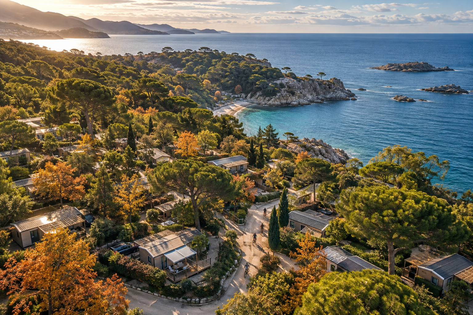 Vue aérienne d’un camping en automne près du littoral méditerranéen