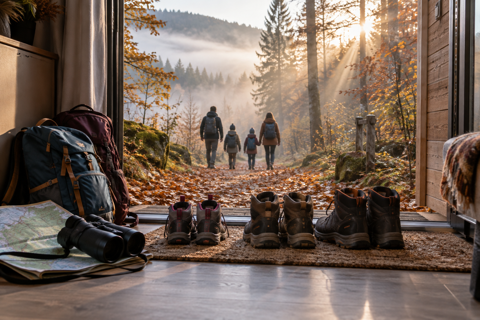 Famille partant se promener en forêt pendant un séjour en camping en automne
