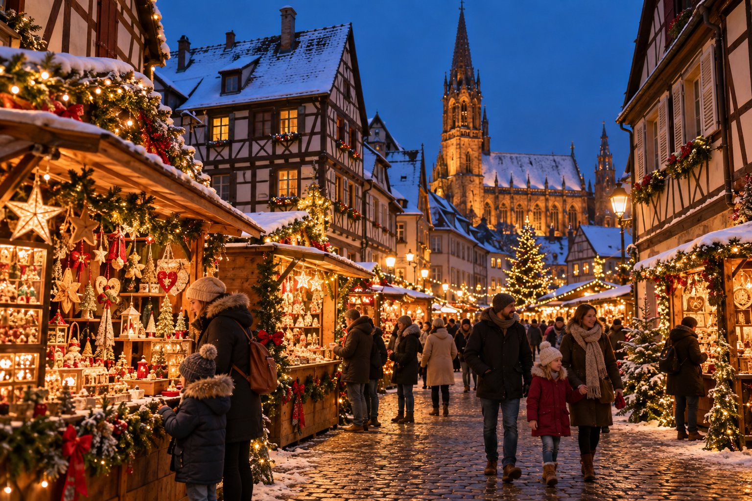 Familles déambulant entre les chalets illuminés d’un marché de Noël en France.