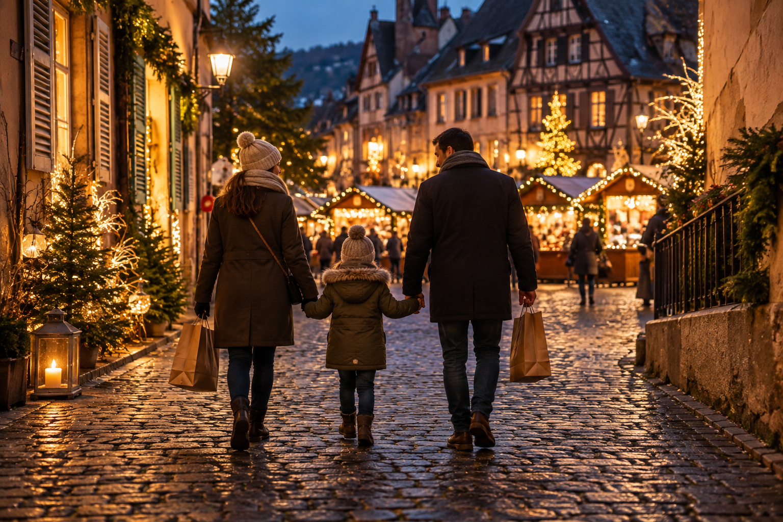 Famille marchant dans une rue pavée illuminée, près d’un marché de Noël.