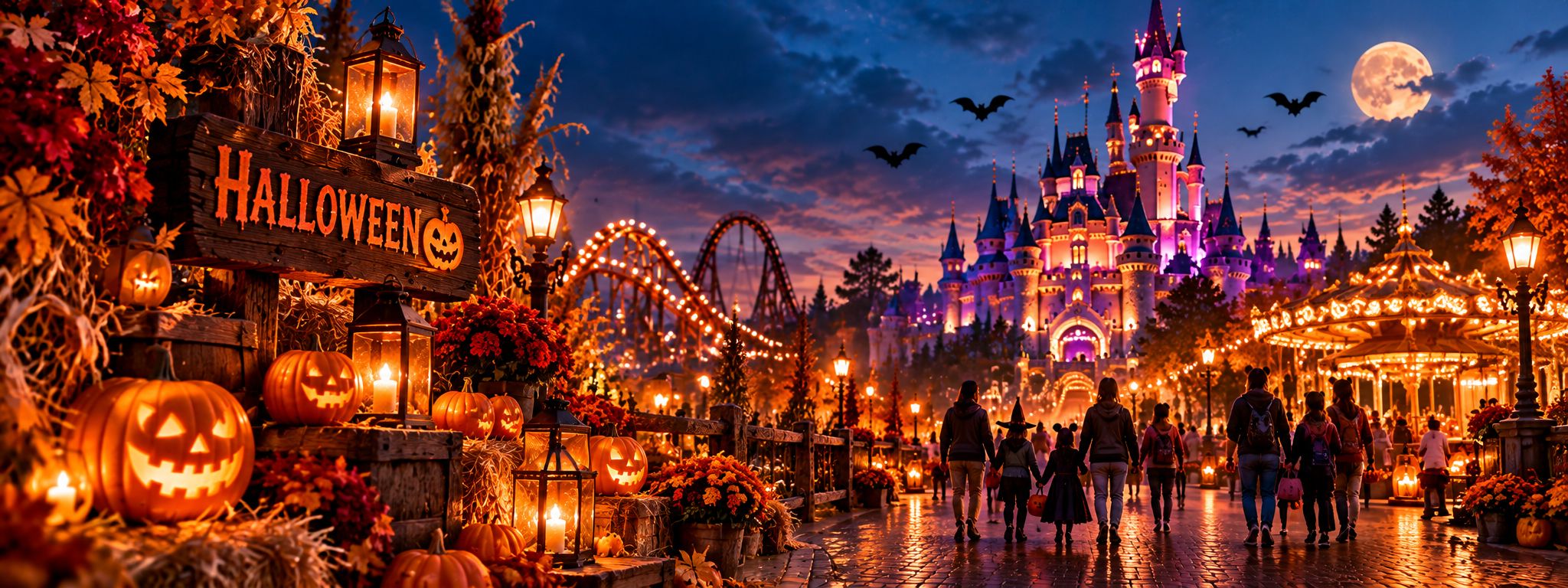 Parc d’attractions décoré pour Halloween avec citrouilles illuminées, château et attractions de nuit.