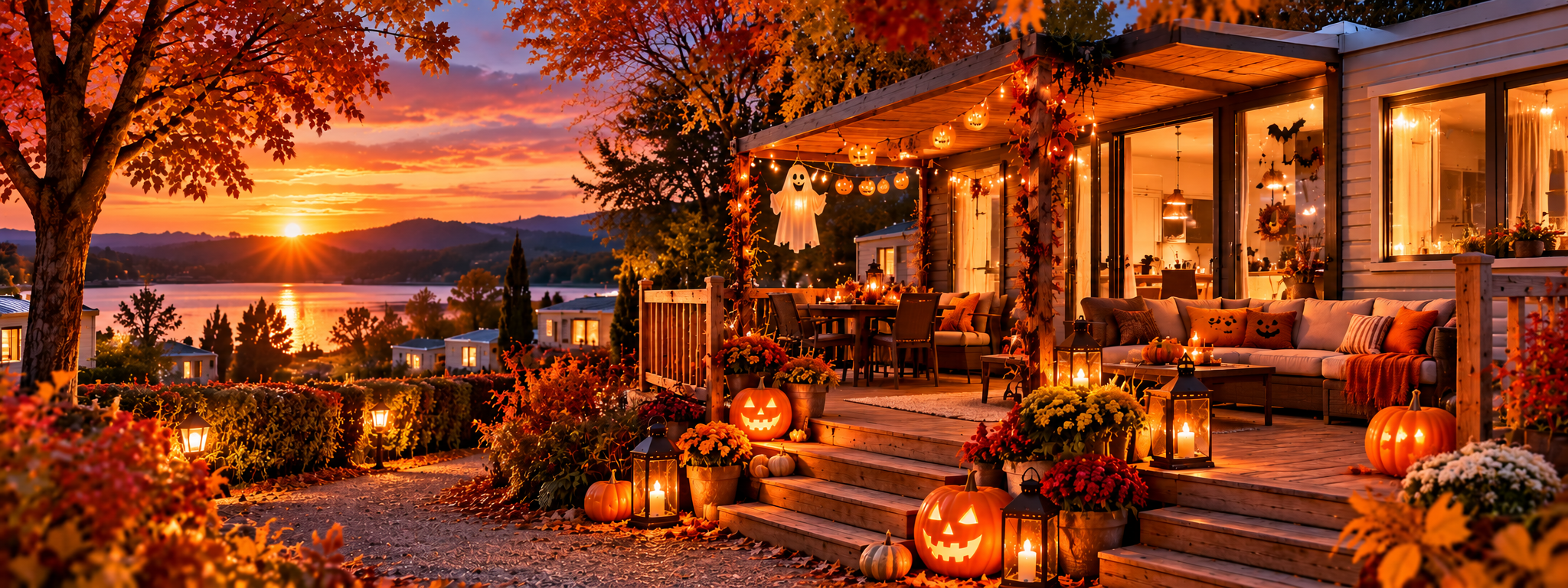 Mobil-home décoré pour Halloween avec citrouilles illuminées, lanternes et terrasse chaleureuse au coucher du soleil.