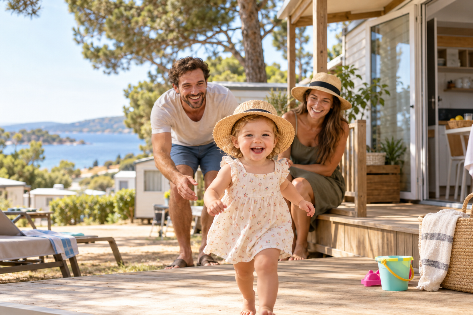 Famille en vacances au camping avec un jeune enfant devant un mobil-home.