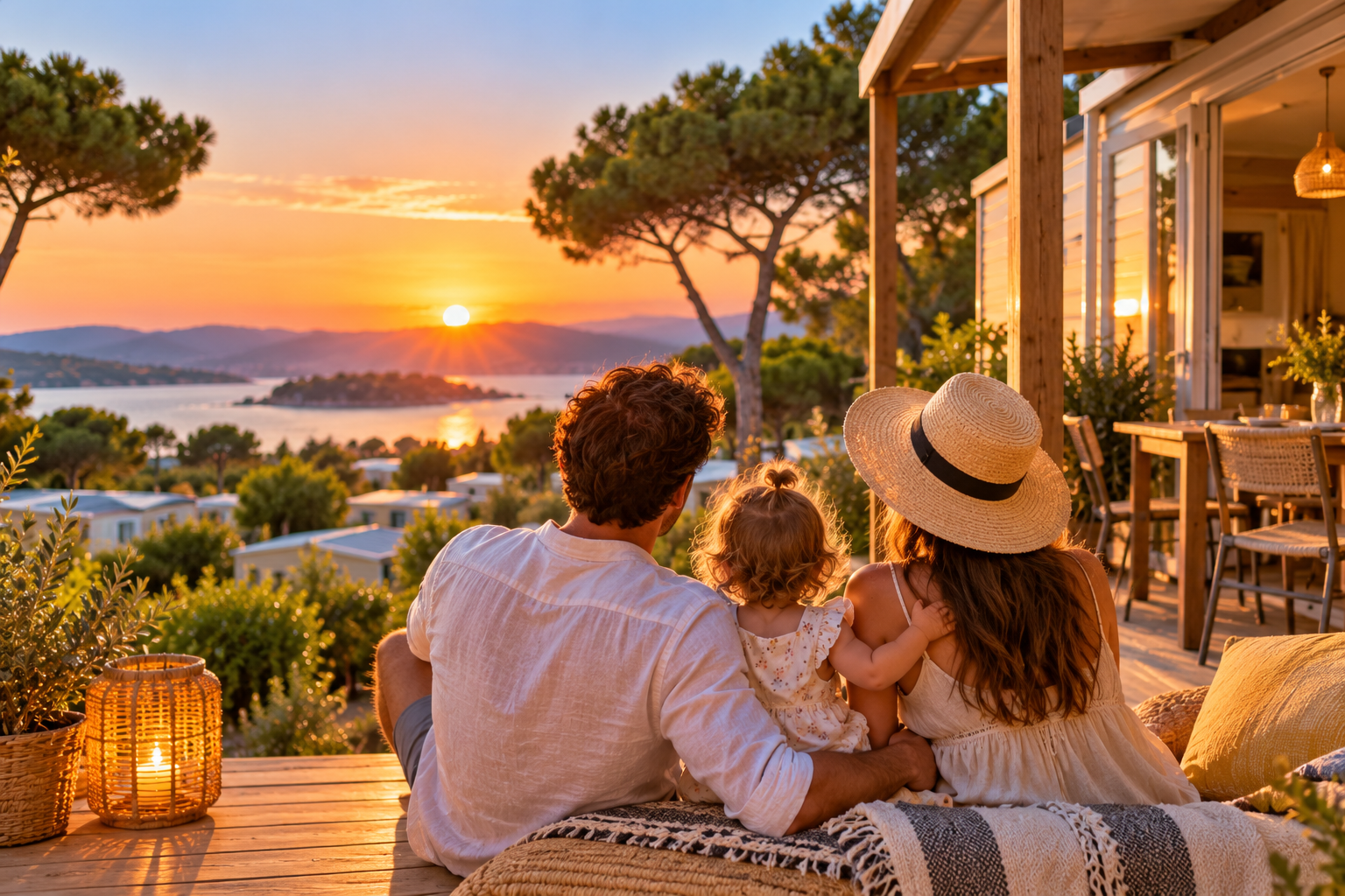 Famille profitant d’un coucher de soleil sur la terrasse de son mobil-home pendant ses vacances avec un jeune enfant.
